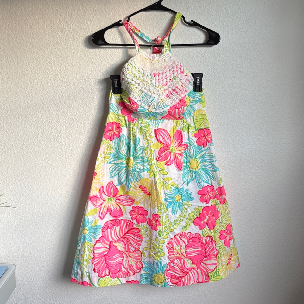 SOLD - Lilly Pulitzer Floral Halter Dress with Pink and Blue Flowers Size 0